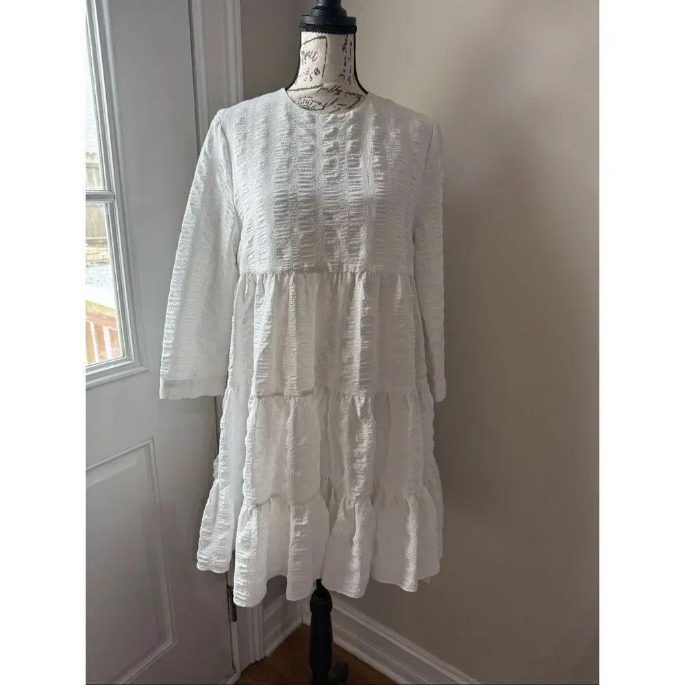 Zara Women's Sharon Textured Tiered 3/4 Sleeve Babydoll Mini Dress White Small